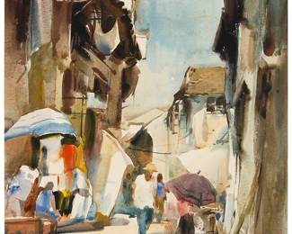 3074
Liu Fenglan
(b. 1944)
"Setting up Shop," 1990
Watercolor with touches of graphite on wove paper
Signed in Chinese characters and dated 1990.8, both in black ink in the lower left corner; numbered 4 and inscribed in Chinese characters, and with a price sticker, all in blue ink on the sheet's verso, possibly in another hand; titled by repute
Image/Sheet: 20.375" H x 14.75" W
Estimate: $1,000 - $1,500
