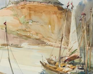 3059
Hua Yiyu
(1922-2005)
"Dragon King Temple," 1982
Watercolor on paper
Signed in Chinese and dated 1982, lower left; titled in pencil, in another hand, on a label strung on the frame's hanging wire
Sight: 21.75" H x 17" W
Estimate: $1,000 - $1,500