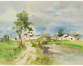 3078
Liu Fenglan
(b. 1944)
"The Village," 1990
Watercolor on paper
Signed in Chinese and dated 1990.8. in black ink, lower left; inscribed in Chinese characters in blue ink, possibly in another hand, verso
Image/Sheet: 14.75" H x 19" W
Estimate: $1,000 - $1,500

