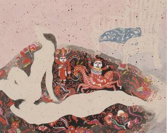 3046
Chang Jin
(b. 1951)
"Odalisque"
Ink, watercolor, metallic pigment, and traces of graphite on rice paper
Signed in Chinese in black ink and with a red ink chopmark, both lower right; with another red ink chopmark, lower left; titled in pencil, in another hand, on a label strung to the frame's hanging wire
Sight: 25.75" H x 26" W
Estimate: $2,000 - $3,000