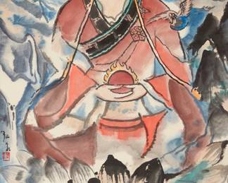 3136
Zhang Quan
(b. 1942)
"Goddess of Mercy"
A scroll painting with watercolor and ink on laid Japanese paper mounted to a paper scroll with a mint-colored fabric border
Signed in black ink and with one red ink chopmark along the center of the right edge; titled by repute
Image/Sheet: 53.5" H x 26.5" W; Overall: 83.625" H x 31.5" W (approx.)
Estimate: $1,000 - $1,500
