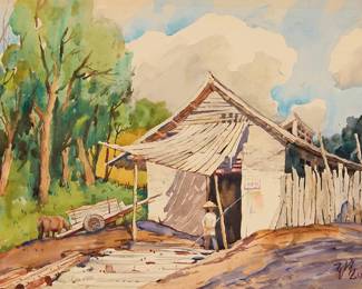 3164
Wang Xuan
(b. 1943)
"Old Barn," 1990
Watercolor on paper
Signed in Chinese and dated 90 lower right; inscribed in Chinese characters in pencil along the lower edge of the thick support sheet that the work is hinged to, possibly in the hand of the artist; titled by repute
Image/Sheet: 13.625" H x 18.125" W; Support sheet: 15.625" H x 21.5" W
Estimate: $500 - $700