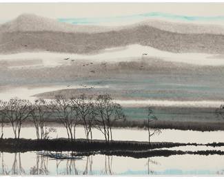 3107
Yu Kewei
(b. 1941)
"Dusk"
Ink and ink wash on laid Japanese paper backed with thinner Japanese paper
Signed in Chinese in black ink, and with two red ink chopmarks along the center of the right edge; titled by repute
Image/Sheet: 26.125" H x 40.375" W; Support Sheet: 26.75" H x 40.875" W
Estimate: $500 - $700