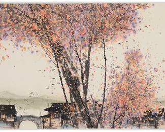 3109
Yu Kewei
(b. 1941)
"October Wind"
Ink, ink wash, and watercolor on laid Japanese paper backed with thinner Japanese paper
Signed in Chinese in black ink, and with two red ink chopmarks along the lower portion of the right edge; titled by repute
Image/Sheet: 26.125" H x 40.375" W; Support Sheet: 26.75" H x 41" W
Estimate: $500 - $700