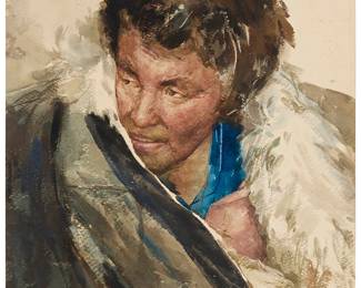 3075
Liu Fenglan
(b. 1944)
"Tibetan Herder," 1989
Watercolor on wove paper
Signed in Chinese characters and dated 1989.12, both in blue ink in the lower right corner; numbered 24 and inscribed in Chinese characters, both in blue ink on the sheet's verso, possibly in another hand; titled by repute
Image/Sheet: 17.375" H x 12.5" W
Estimate: $1,000 - $1,500
