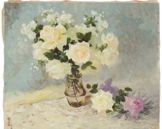 3005
Fu Shangyuan
(b. 1933)
"White Roses," 1989
Oil on canvas
Signed and inscribed in Chinese lower left; titled and dated by repute
20" H x 24.25" W
Estimate: $700 - $900