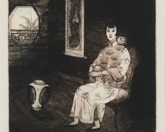 3147
Yang Jinsong
(b. 1955)
"Cat and Lady"
Etching on paper
Edition: 1/20
Signed, titled, and numbered, and inscribed in Chinese, all in pencil in the lower margin: Yang Jinsong
Plate: 9.75" H x 9.5" W; Sight: 11" H x 10.5" W
Estimate: $500 - $700
