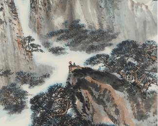 3180
Fang Shaowu
(b. 1935)
Mountains and Trees
Ink on paper
Inscribed in Chinese characters in ink, possibly with the artist's signature in the upper right quadrant; stamped with three red ink chopmarks in the lower left corner and the upper right quadrant
Sight: 26.5" H x 17.5" W
Estimate: $2,000 - $3,000

