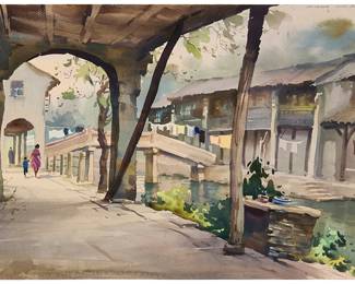 3168
Cao Daqing
(b. 1944)
"River Way"
Watercolor on paper
Unsigned; inscribed with the artist's name in pencil, in another hand, along the upper edge, at right; titled by repute; with a second painted subject, signed and inscribed in Chinese in black ink, and with a red ink chopmark on the verso
Image/Sheet: 17" H x 25" W
Estimate: $200 - $300