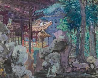3082
Guo De An
(b. 1930)
"Amazing Winding Valley"
Mixed media on paper with a printed paper border, all backed with laid Japanese paper, as issued
Signed in Chinese in black ink and with a red ink chopmark, along the lower portion of the left edge; with various Chinese inscriptions in pencil and ink, possibly in the hand of the artist, all on the verso of the laid Japanese backing; titled by repute
Overall: 20.25" H x 22" W
Estimate: $300 - $500