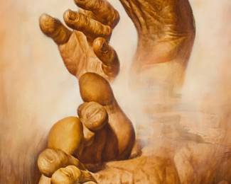3131
Cheng Yuan
(b. 1952)
"Hands & Feet," 1989
Oil on canvas
Signed in both Chinese and English, and dated, all in the lower right corner: Cheng Yuan / 1989.4; titled on a string tag attached to the frame's hanging wire
48" H x 36" W
Estimate: $600 - $800