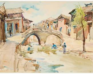 3070
Liu Fenglan
(b. 1944)
"End of a Bridge by Li Jiang River," 1988
Watercolor on paper
Signed in Chinese lower right; inscribed in Chinese characters in pencil, possibly in another hand, verso; titled by repute
Sheet: 15.375" H x 21.125" W
Estimate: $1,000 - $1,500