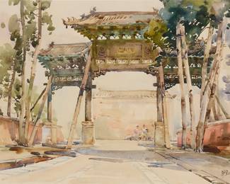 3066
Hua Yiyu
(1922-2005)
"Memorial Gate," 1990
Watercolor on paper
Signed in Chinese and dated 1990, lower right; titled by repute
Sight: 15.125" H x 21.125" W
Estimate: $1,000 - $1,500