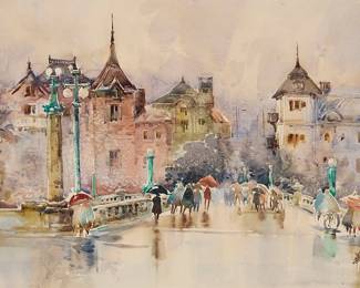 3056
Hua Yiyu
(1922-2005)
"Rainy Scene in Dalian," 1976
Watercolor on paper
Signed in Chinese and dated 1976, lower right; titled in pencil, in another hand, on a label strung to the frame's hanging wire
Sight: 15" H x 21" W
Estimate: $1,000 - $1,500