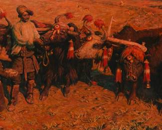 3029
Pan Shixun
(b. 1934)
"Spring Plowing and Feeding the Cattle," 1989
Oil on canvas
Signed in English and Chinese, and dated, lower right: Pan 1989; signed again and titled in Chinese, and also dated again, all verso
38" H x 65" W
Estimate: $3,000 - $5,000
