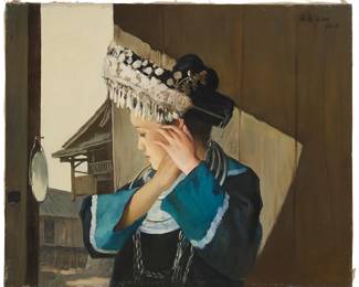3025
Zhang Keng
(b. 1948)
"Family Finery," 1990
Oil on canvas
Signed in English and Chinese, and dated, all upper right: Ken[sic] 90; inscribed in Chinese in ink along the stretcher; titled by repute
20" H x 24" W
Estimate: $500 - $700