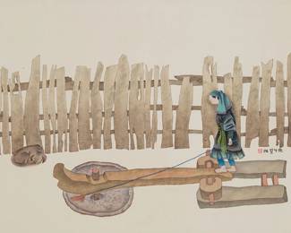 3041
Li Qiang
(b. 1965)
"Grinding"
Watercolor and ink on fabric with a printed paper border, all laid to paper, as issued
Signed in Chinese in black ink and with a red ink chopmark near the center of the right edge; titled by repute
Sheet: 12.25" H x 15.875" W; Support sheet (with printed paper border): 21.75" H x 25.375" W
Estimate: $3,000 - $5,000