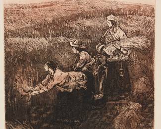 3150
Yang Jinsong
(b. 1955)
"Farmland," 1988
Etching and aquatint in reddish-brown on wove paper
Edition: 6/20
With Chinese characters, presumably including the artist's signature, titled, dated 88, numbered, and inscribed "Intaglio," all in pencil in the lower margin
Plate: 14.25" H x 14.5" W; Sheet: 21.125" H x 27" W
Estimate: $600 - $800