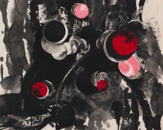 3153
Hang Faji
(b. 1946)
"Meridian #1," 1988
Ink, watercolor, and paper collage on paper
Signed in Chinese and dated 1988·1 in black ink, and with a red ink chopmark, all near the center of the right edge; titled in black ink, in another hand, on a label affixed to the frame's backing board
Sight: 35.125" H x 37.5" W
Estimate: $300 - $500