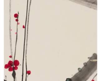 3178
Chang Ran
(b. 1950)
"Spring"
Ink and ink wash on laid Japanese paper laid to thinner laid Japanese paper
Signed in black ink and with a red ink chopmark upper center; two other red ink chopmarks upper and lower left; titled by repute
Sheet: 53.875" H x 13.25" W
Estimate: $2,000 - $3,000
