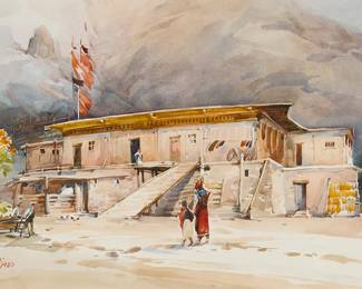 3061
Hua Yiyu
(1922-2005)
"Village of Tibet," 1983
Watercolor on paper
Signed in Chinese and dated 1983, lower left; titled by repute
Sight: 14.25" H x 20.25" W
Estimate: $1,000 - $1,500