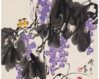 3187
Zhu Jiefu
(b. 1931)
"Grapes & Birds"
Watercolor and ink on laid Japanese paper laid to another sheet of Japanese laid paper
Inscribed in black ink, possibly with the artist's signature, and with two red ink chopmarks, lower right; another red ink chopmark, lower left; titled by repute
Sheet: 26.75" H x 25.75" W
Estimate: $300 - $500