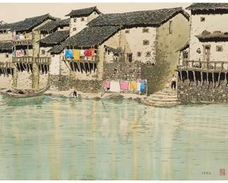 3101
Zhang Kerang
(b. 1937)
"River City," 1990
Watercolor on paper
Stamped with a red ink chopmark, presumably the artist's name, and dated 1990., lower right; titled by repute
Sheet: 15" H x 20.75" W
Estimate: $600 - $800