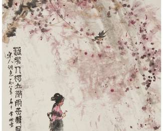 3179
Chang Ran
(b. 1950)
"Woman in Autumn"
Ink on paper laid to paper, as issued
Inscribed in Chinese characters, in ink, along the left edge, possibly with the artist's signature, and stamped with three red ink chopmarks, one in the upper right and two in the lower left; titled by repute
Sheet: 31" H x 18.75" W
Estimate: $800 - $1,200
