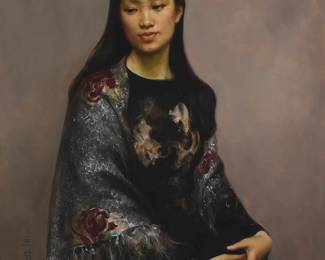 3049
Wang Xin
(b. 1957)
"Girl in Flowered Shawl," 1987
Oil on canvas
Signed in Chinese and dated 87. / 5., lower left; titled by repute
32" H x 27.5" W
Estimate: $2,000 - $3,000