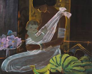 3021
Zhang Keng
(b. 1948)
"Oriental Madonna"
Watercolor, gouache, and ink on laid Japanese paper laid to paper
Signed in Chinese in black ink, lower right; titled by repute
Image/Sheet: 26" H x 26" W; Thick support sheet: 29.25" H x 28.875" W
Estimate: $600 - $800
