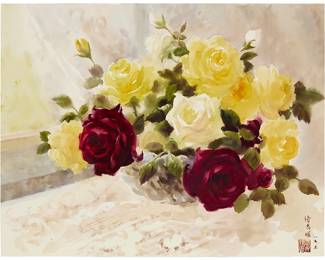 3006
Fu Shangyuan
(b. 1933)
"Bright Colored Roses"
Watercolor on paper
Signed in Chinese in brown ink and stamped with a red ink chopmark lower right; inscribed in Chinese characters in ink and pencil, verso; titled by repute
Image/Sheet: 16.125" H x 20.875" W
Estimate: $700 - $900