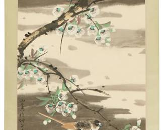 3186
Cui Reizhen
(20th century)
"Apple Blossoms with Two Birds"
A scroll painting with watercolor and ink on laid Japanese paper mounted to a paper scroll with a mint and light blue-colored fabric border
Signed in black ink and with one red ink chopmark along the lower portion of the left edge; titled by repute
Image/Sheet: 26.5" H x 16.875" W; Overall: 62.5" H x 20.5" W (approx.)
Estimate: $500 - $700