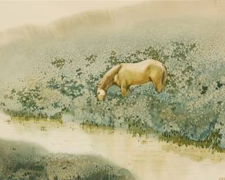 3099
Zhang Kerang
(b. 1937)
Horse in a field of wildflowers, 1990
Watercolor on paper
Stamped with a red ink chopmark, presumably the artist's name, and dated 1990, lower right; titled by repute
Sight: 14.5" H x 20.25" W
Estimate: $600 - $800