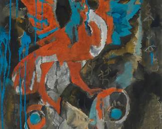 3122
An Bin
(b. 1962)
"Phoenix"
Gouache and touches of ink on paper
Signed and with a red ink chopmark (partially obscured by the overmat), presumably the artist's name, both in the lower right corner: An Bin; with numerous Chinese characters throughout the composition; titled by repute
Sight: 35" H x 25" W
Estimate: $8,000 - $12,000