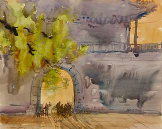3094
Shi Yifang
(b. 1944)
"North Gate," 1989
Watercolor on paper
Signed possibly in Chinese and dated 89·4, lower right; inscribed in Chinese characters in ink, possibly in the hand of the artist, on the verso of the thick support sheet; titled by repute
Image/Sheet: 14.125" H x 17.25" W; Support sheet: 15.5" H x 21.5" W
Estimate: $300 - $500

