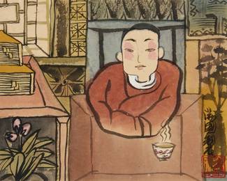 3143
Tang Guo
(b. 1955)
"Dragon Well Tea"
Watercolor and ink on paper
Signed in Chinese in black ink and with the red ink chopmark along the lower portion of the right edge; titled by repute
Image/Sheet: 7.75" H x 9.75" W; Support Sheet: 15.25" H x 21.25" W
Estimate: $500 - $700