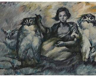 3133
Cheng Yuan
(b. 1952)
Girl with owls, 1984
Oil on panel
Signed in Chinese and English, and dated, all lower right: Cheng Yuan / 1984
27" H x 48" W
Estimate: $500 - $700