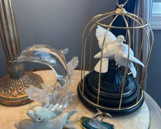 Lenox dolphin (clear glass), Franklin Mint birds of love music box, stone critters dolphin, glass baron gold trim dolphin