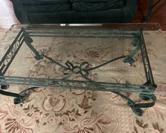 Glass and iron coffee table, 2 matching side tables