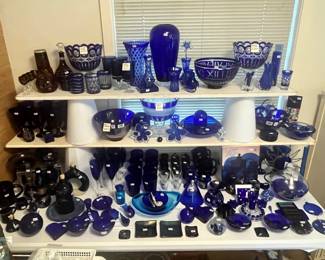 TABLE FULL FINE COBALT BLUE GLASSWARE & BOHEMIAN CRYSTAL!