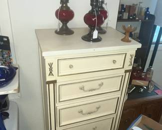 VINTAGE LINGERE CHEST & RED OIL LAMPS