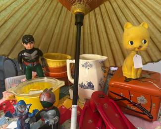 This sale includes - vintage Japan Items and Toys, Quilts, Pyrex, Kitchen Items, etc.