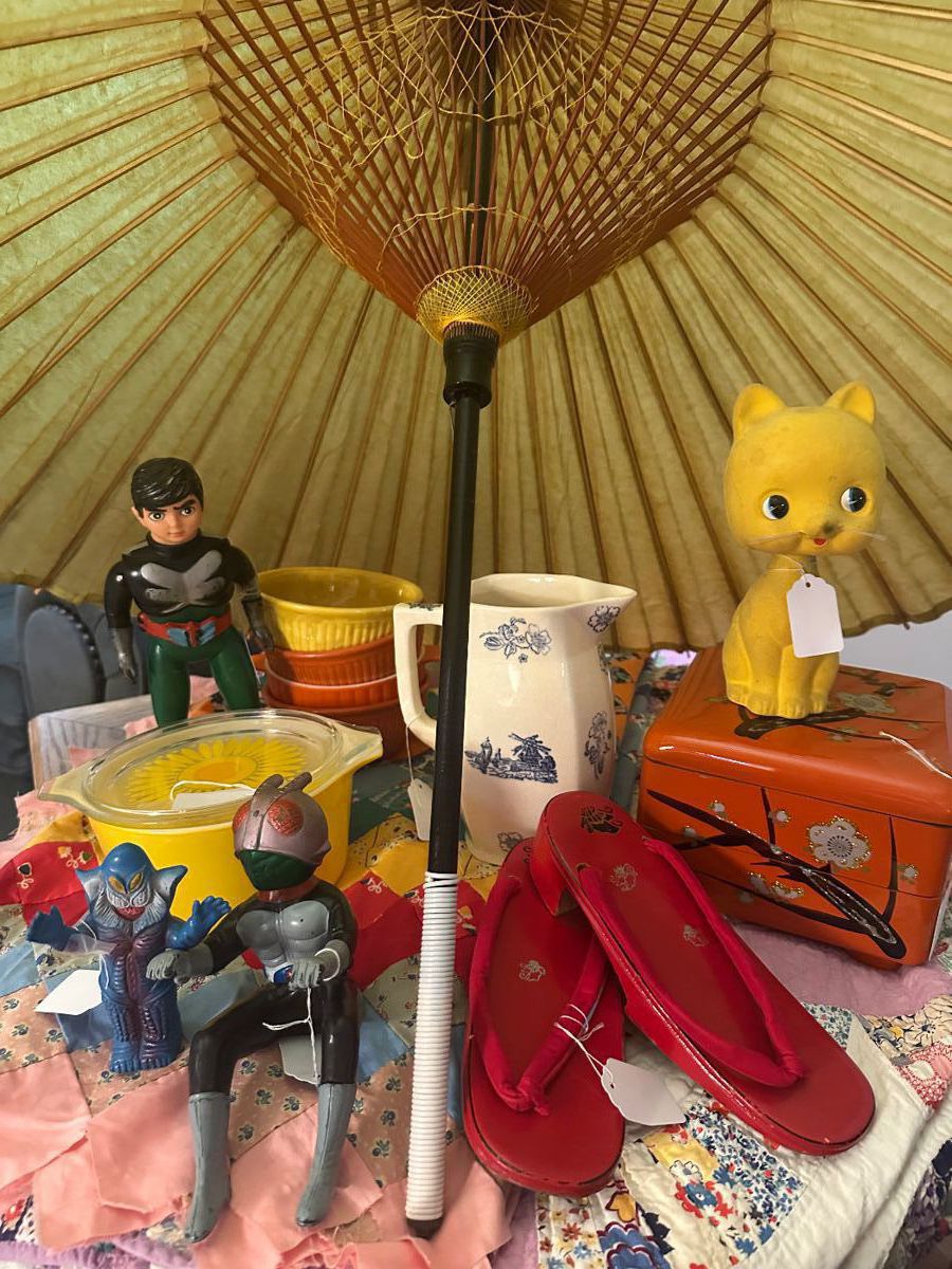 This sale includes - vintage Japan Items and Toys, Quilts, Pyrex, Kitchen Items, etc.