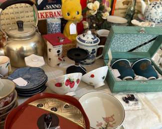 A variety of Japanese Items—Rice Bowls, Cat Bank, Teapots, Small Screen, Books….. ( in Dining Room)