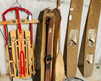 Vintage Sled, Water Skis, Child’s Snow Skis