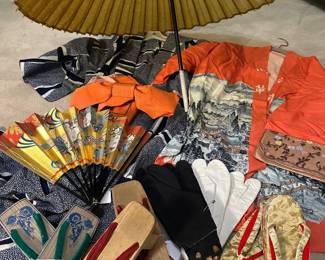 Vintage Japan Umbrella with tags on, Kimono, Sash, Wood Sandals, Two Toed Shoes, Fan