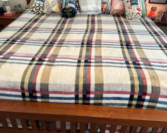 Mission style King Bed with deluxe sheet sets and new blankets, matching dresser and nightstand 