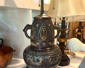 Antique Japanese Champleve Bronze Enamel Cloisonne Table Lamp w/ beast handles