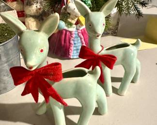 1960s Shawnee Potter Green Fawn Deer Bud Vases