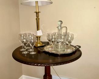 Occasional Table, Wine table, Vintage Etched stemware w/ matching decanter